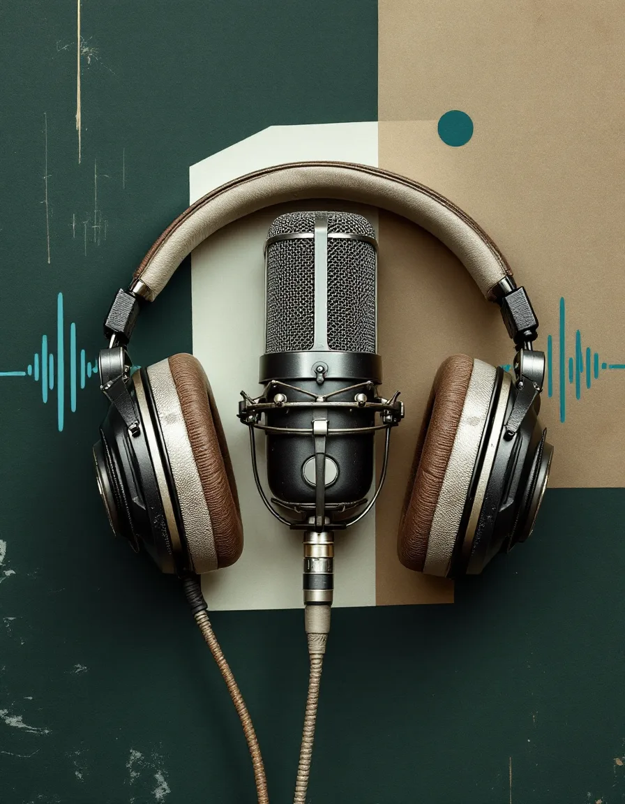 Collage of a ribbon microphone and studio headphones layered with hand-drawn cyan sound-wave lines