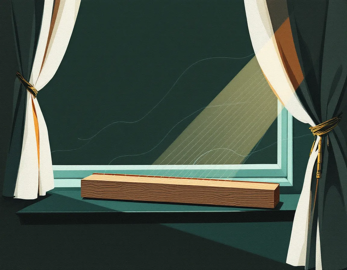 Collage of a wooden aeolian harp on an open window sill with hand-drawn cyan lines of wind crossing its strings
