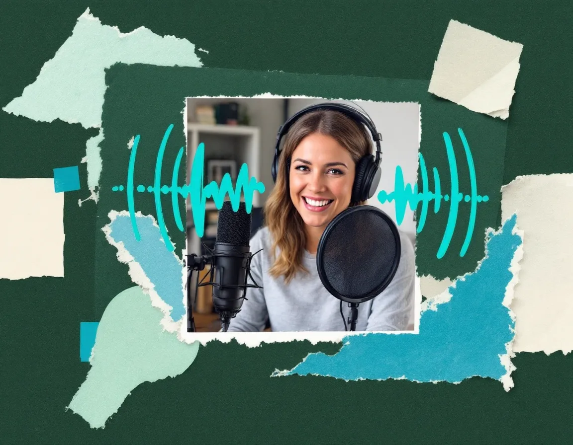 Collage of a host at a microphone with hand-drawn cyan sound waves