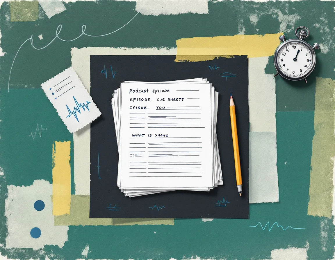 Collage of marked-up episode cue sheets, a pencil and a stopwatch with hand-drawn circles